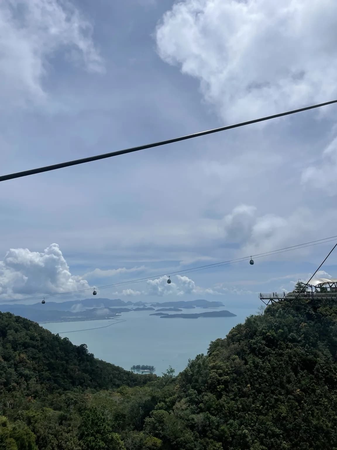Kabinky lanovky nad zelenými vrcholy a vzdálenými ostrovy Langkawi