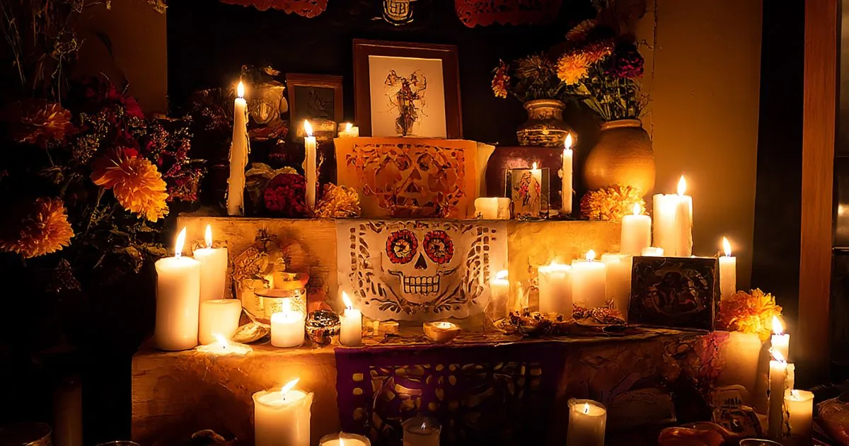 Svíčky a fotografie na mexickém oltáři Día de Muertos