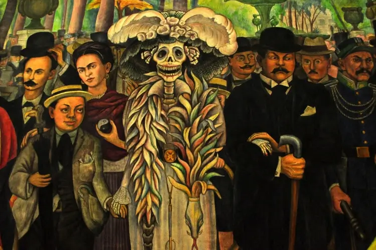 Výřez z obrazu Diega Rivery ‚Sueño de una tarde dominical en la Alameda Central s Catrinou, Fridou Kahlo a Diegem Riverou.