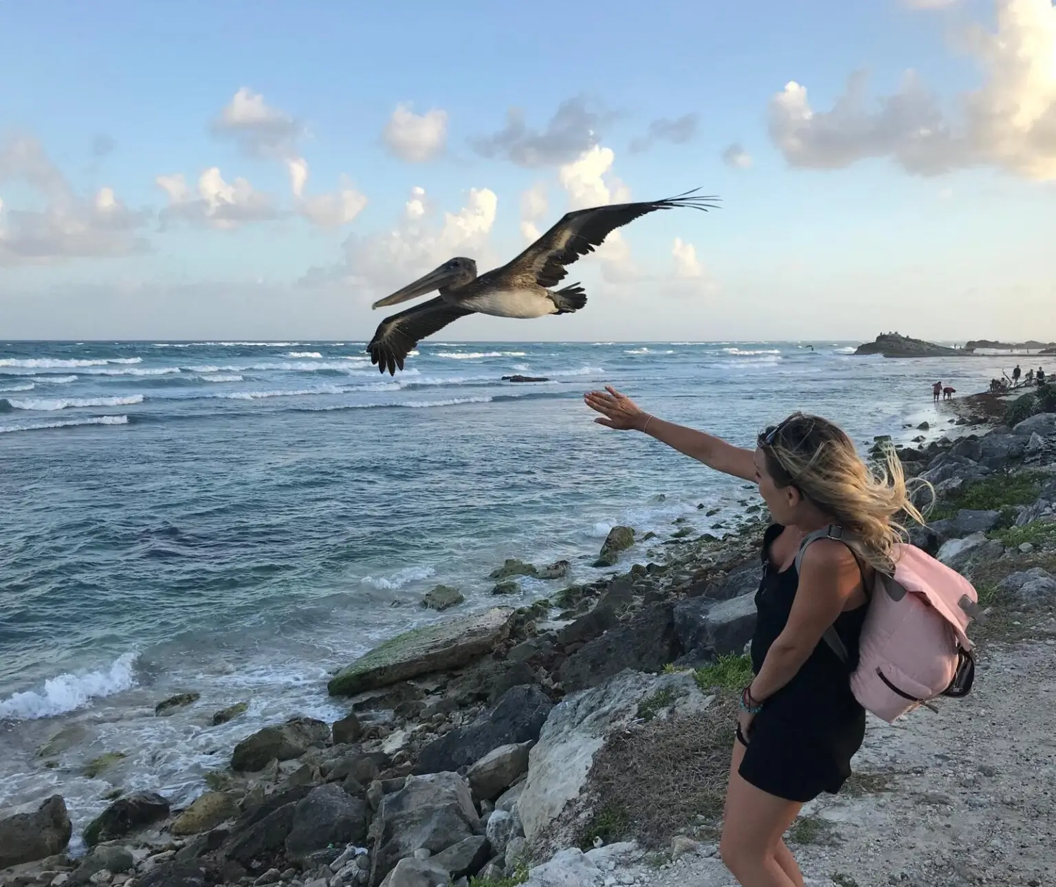 Kormorán a žena na útesu a karibské moře za západu slunce na pláži Punta Piedra v Tulum v Mexiku