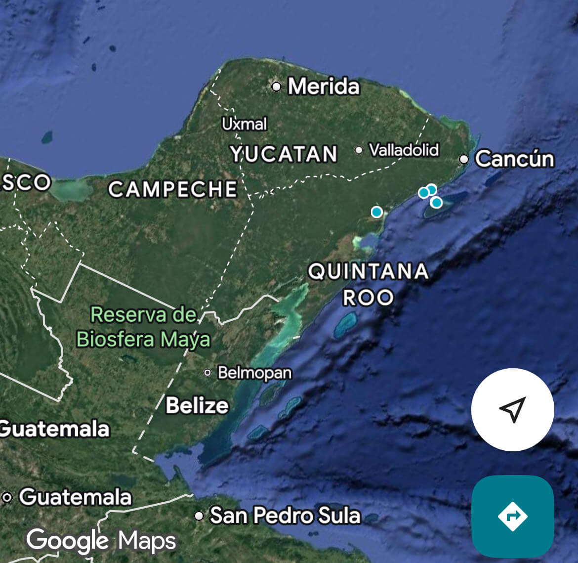 Mapa oblasti poloostrov Yucatán v Mexiku z Google maps